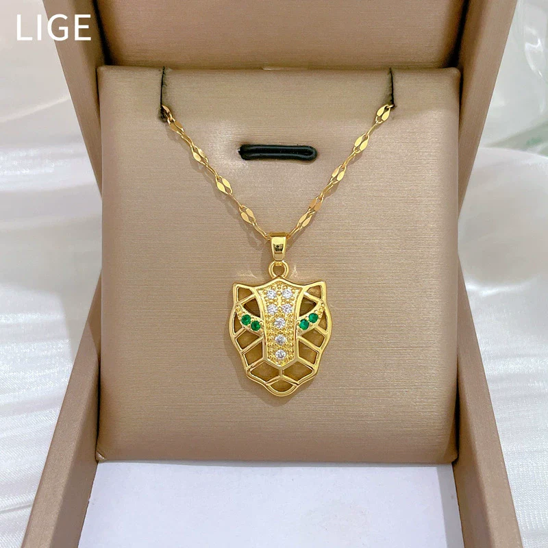 Necklace Titanium Steel Copper Greeneyed Leopard Head Geometric Light Luxury Elegant Gorgeous Unisex Allmatch Clavicle Chain