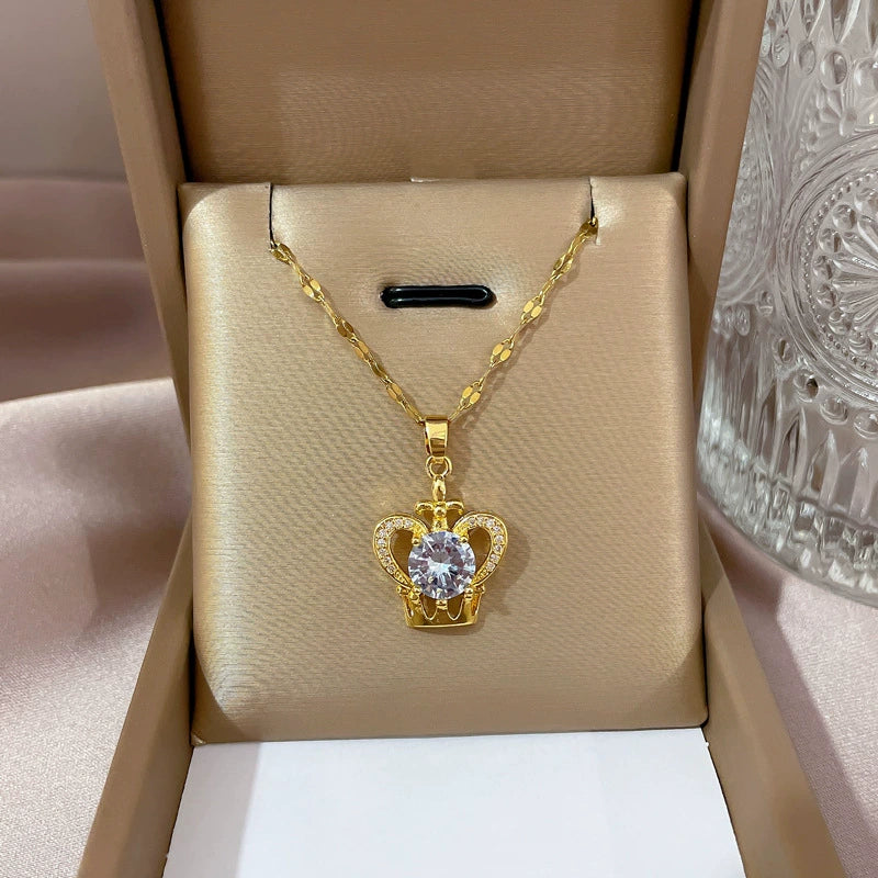 Necklace Titanium Steel Copper Love Heart Crown Geometric Cartoon Style Set With Diamonds Unisex