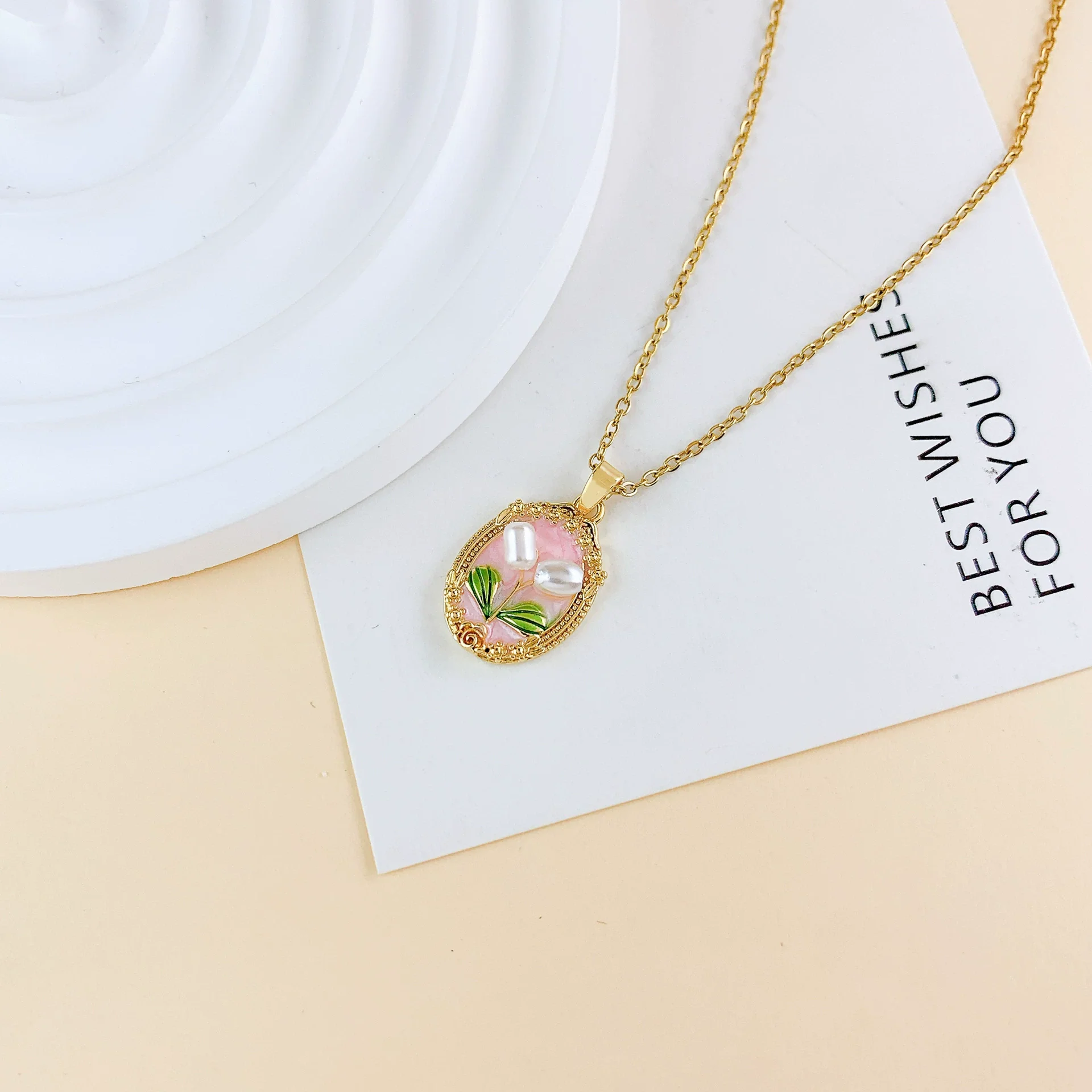 Necklace Titanium Steel Copper Real Gold Plated Oil Painting Tulip Geometric Sweet Style Cross Chain - Image 12
