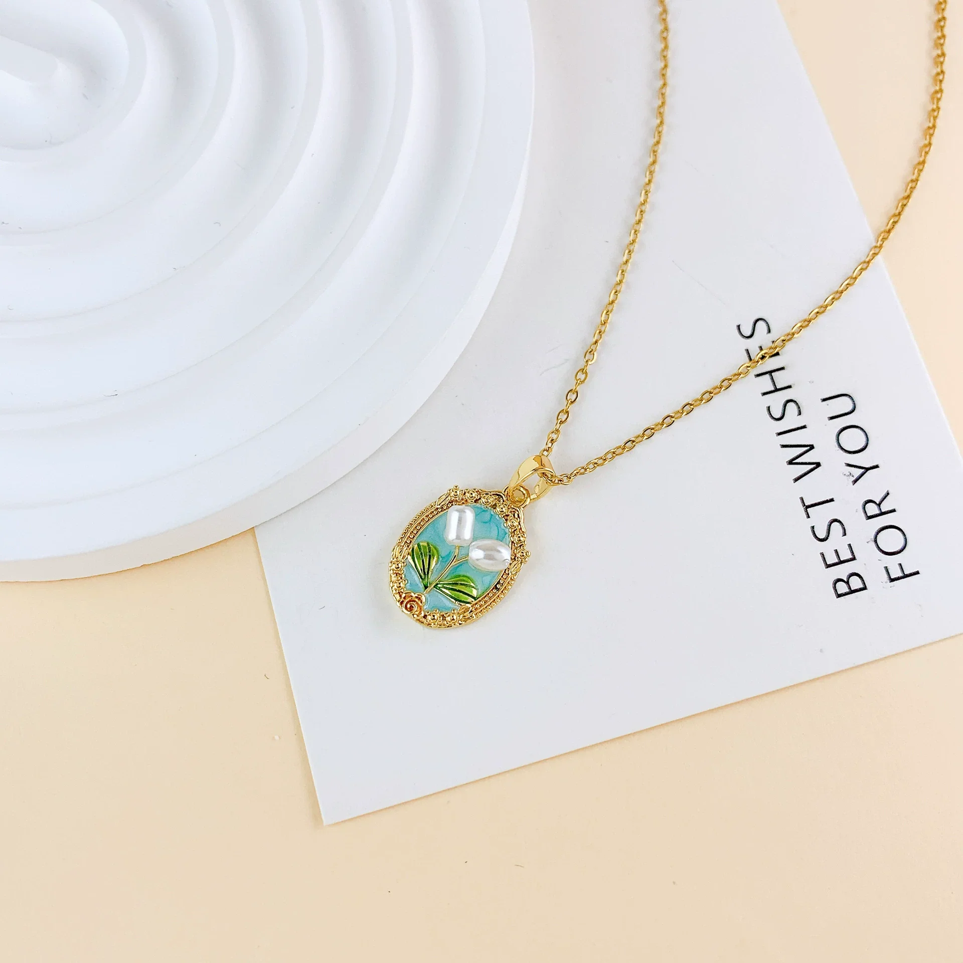 Necklace Titanium Steel Copper Real Gold Plated Oil Painting Tulip Geometric Sweet Style Cross Chain - Image 13