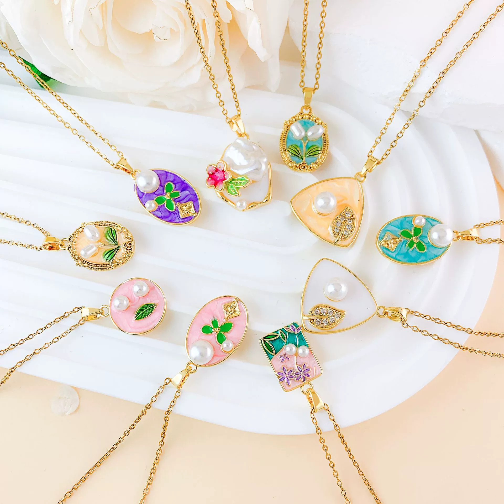 Necklace Titanium Steel Copper Real Gold Plated Oil Painting Tulip Geometric Sweet Style Cross Chain - Image 2