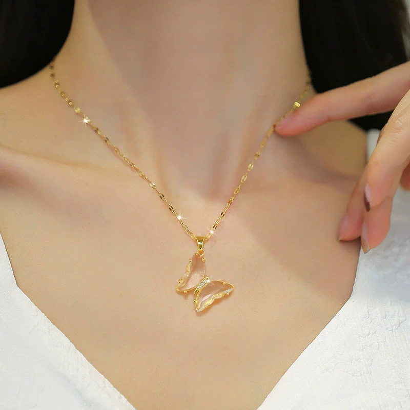 Necklace Titanium Steel Copper Zircon Butterfly Geometric Electroplating Female