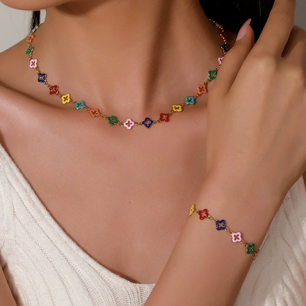 Necklace Titanium Steel Geometric Fourleaf Clover Handmade - Image 2