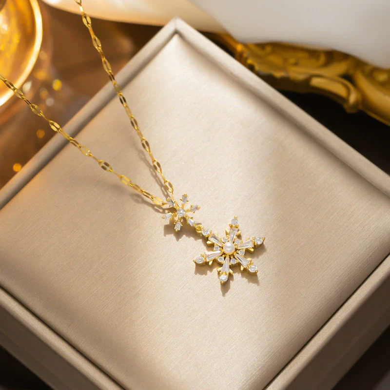 Necklace Titanium Steel Gold Inlaid Geometric Sixpointed Star Pearl Snowflake Design For Women - Image 3