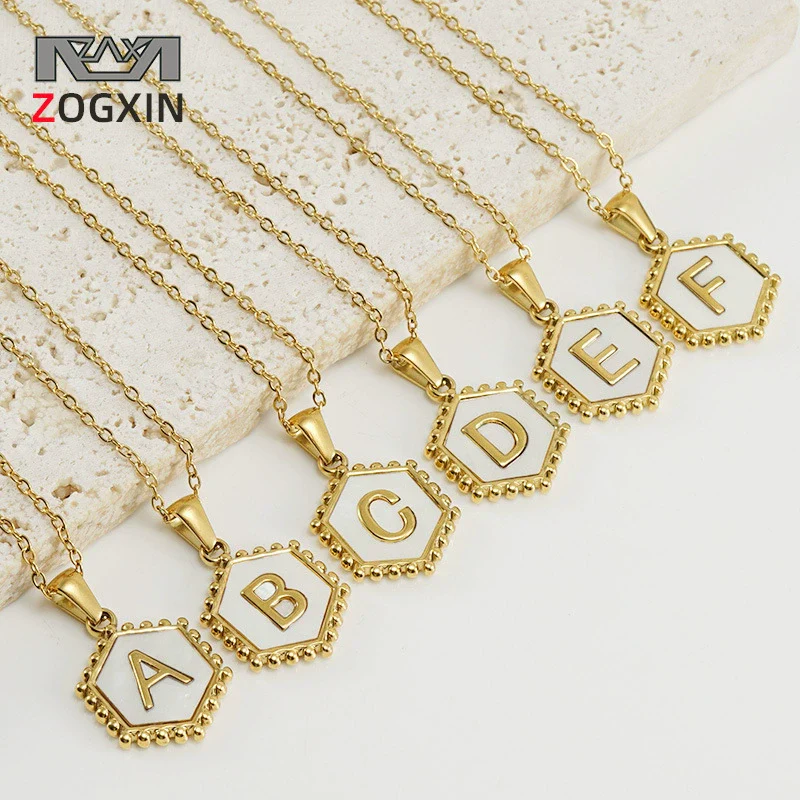 Necklace 316L Stainless Steel Hexagonal Natural Shell Letter Gold Inlaid Pendant For Women