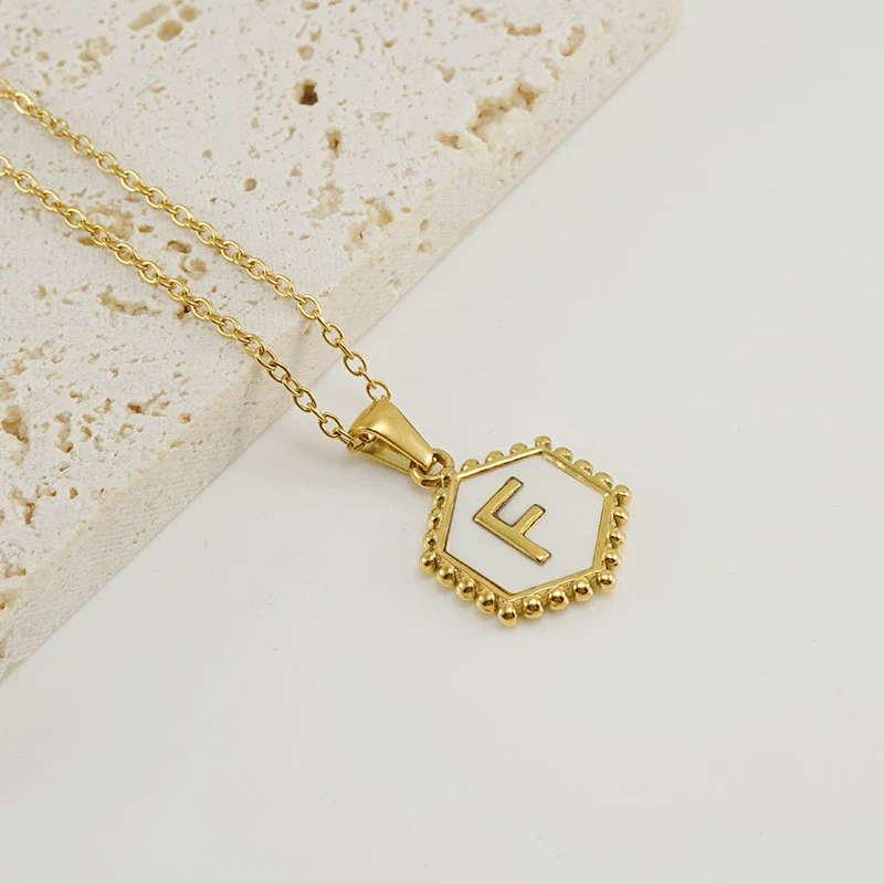 Necklace 316L Stainless Steel Hexagonal Natural Shell Letter Gold Inlaid Pendant For Women - Image 10
