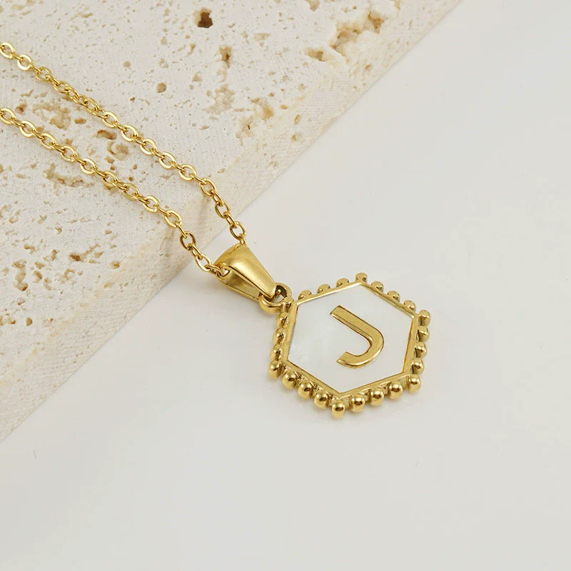 Necklace 316L Stainless Steel Hexagonal Natural Shell Letter Gold Inlaid Pendant For Women - Image 14