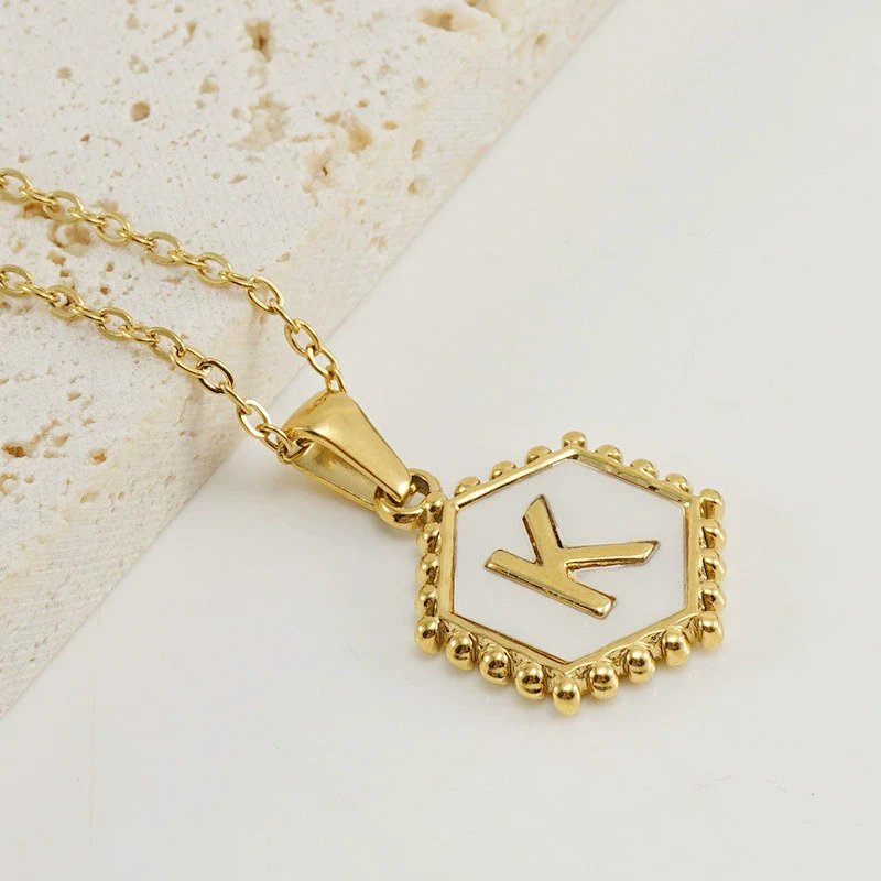 Necklace 316L Stainless Steel Hexagonal Natural Shell Letter Gold Inlaid Pendant For Women - Image 15
