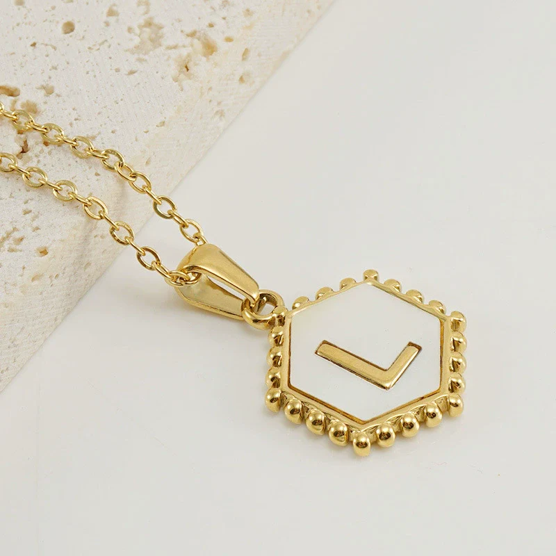 Necklace 316L Stainless Steel Hexagonal Natural Shell Letter Gold Inlaid Pendant For Women - Image 16