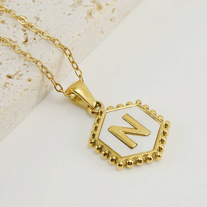 Necklace 316L Stainless Steel Hexagonal Natural Shell Letter Gold Inlaid Pendant For Women - Image 17