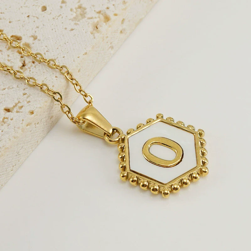 Necklace 316L Stainless Steel Hexagonal Natural Shell Letter Gold Inlaid Pendant For Women - Image 18