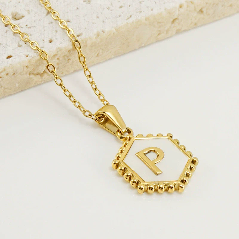 Necklace 316L Stainless Steel Hexagonal Natural Shell Letter Gold Inlaid Pendant For Women - Image 19