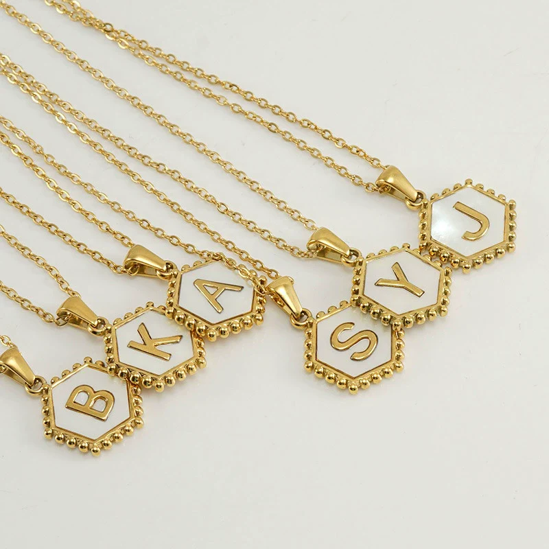 Necklace 316L Stainless Steel Hexagonal Natural Shell Letter Gold Inlaid Pendant For Women - Image 2