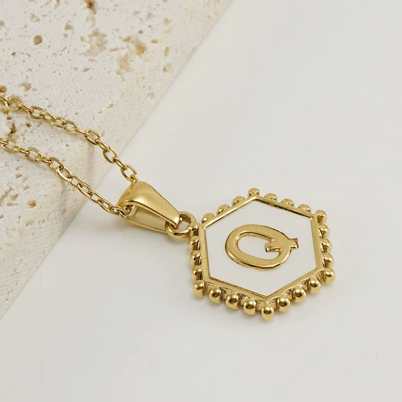 Necklace 316L Stainless Steel Hexagonal Natural Shell Letter Gold Inlaid Pendant For Women - Image 20