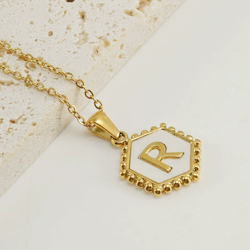 Necklace 316L Stainless Steel Hexagonal Natural Shell Letter Gold Inlaid Pendant For Women - Image 21