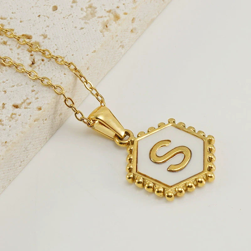 Necklace 316L Stainless Steel Hexagonal Natural Shell Letter Gold Inlaid Pendant For Women - Image 22