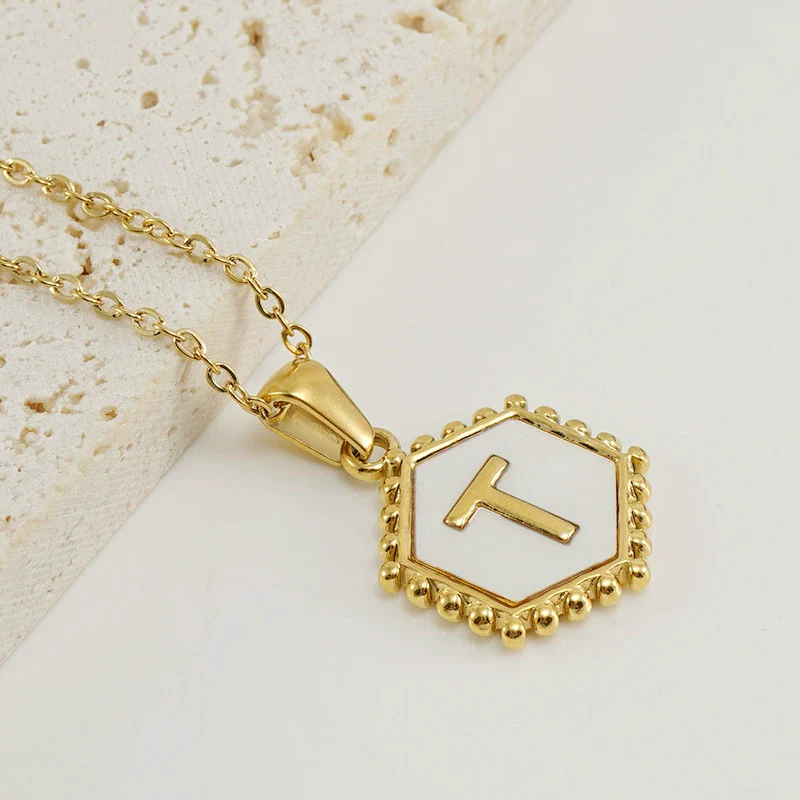 Necklace 316L Stainless Steel Hexagonal Natural Shell Letter Gold Inlaid Pendant For Women - Image 23