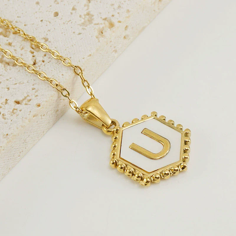 Necklace 316L Stainless Steel Hexagonal Natural Shell Letter Gold Inlaid Pendant For Women - Image 24