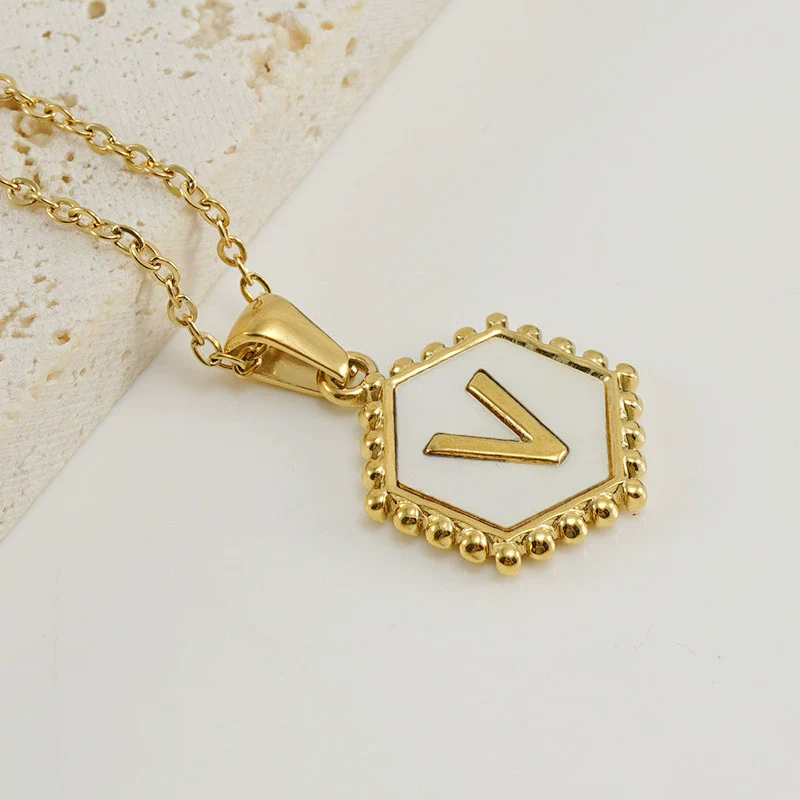 Necklace 316L Stainless Steel Hexagonal Natural Shell Letter Gold Inlaid Pendant For Women - Image 25
