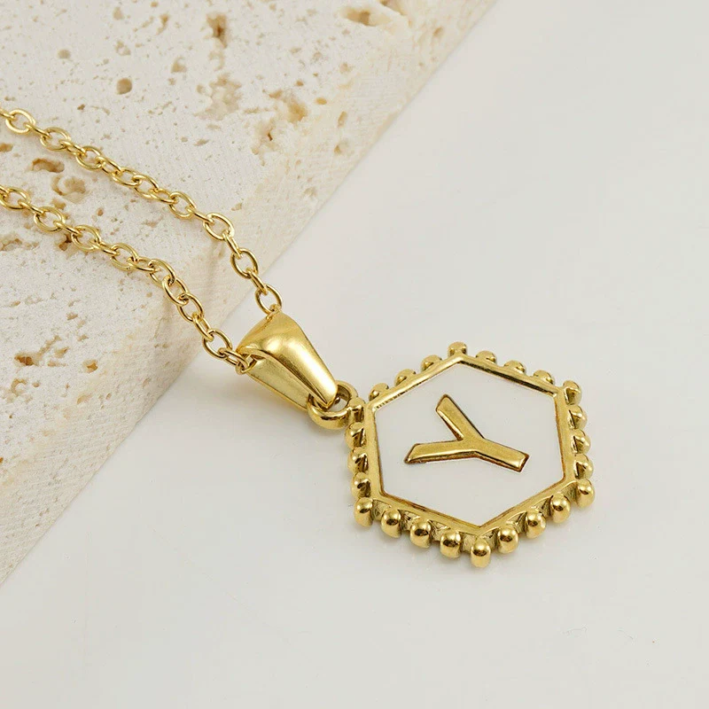 Necklace 316L Stainless Steel Hexagonal Natural Shell Letter Gold Inlaid Pendant For Women - Image 28