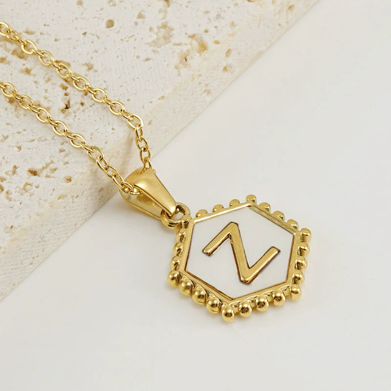 Necklace 316L Stainless Steel Hexagonal Natural Shell Letter Gold Inlaid Pendant For Women - Image 29