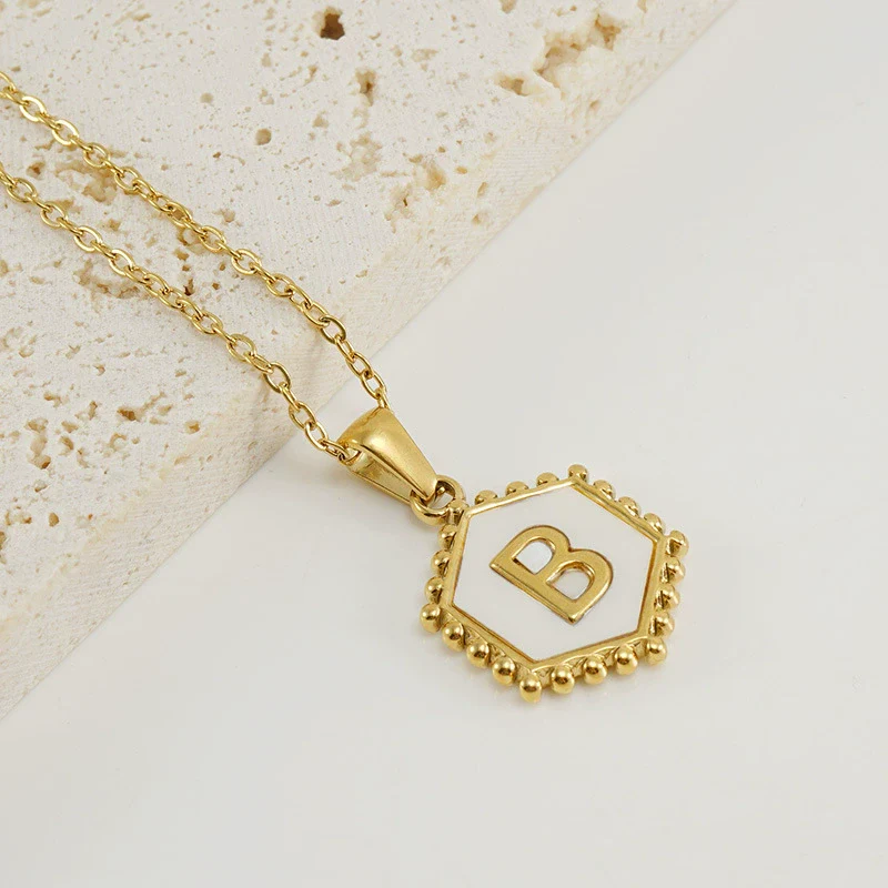 Necklace 316L Stainless Steel Hexagonal Natural Shell Letter Gold Inlaid Pendant For Women - Image 4