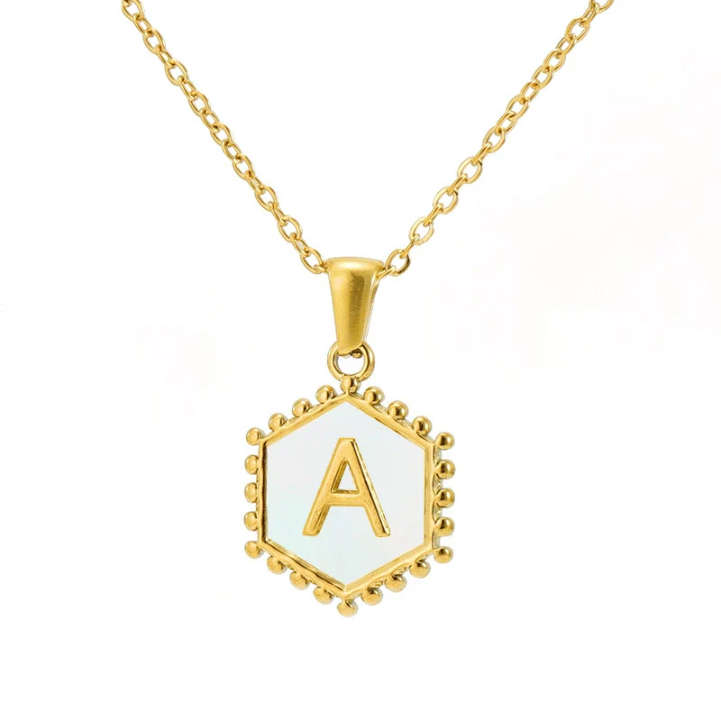 Necklace 316L Stainless Steel Hexagonal Natural Shell Letter Gold Inlaid Pendant For Women - Image 5