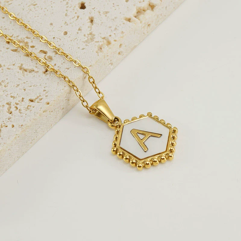 Necklace 316L Stainless Steel Hexagonal Natural Shell Letter Gold Inlaid Pendant For Women - Image 6