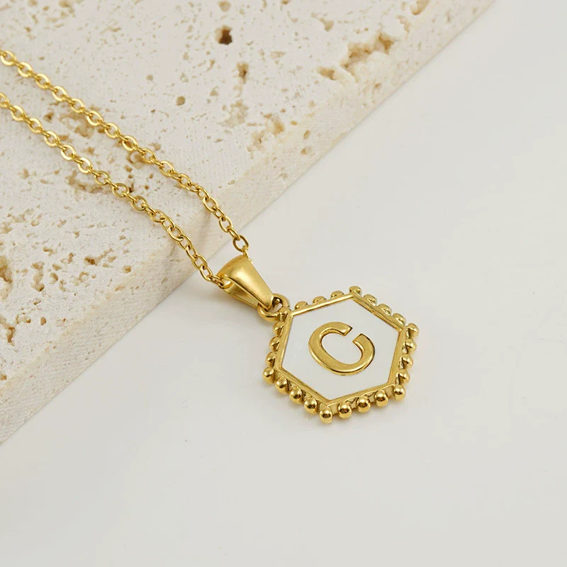 Necklace 316L Stainless Steel Hexagonal Natural Shell Letter Gold Inlaid Pendant For Women - Image 7