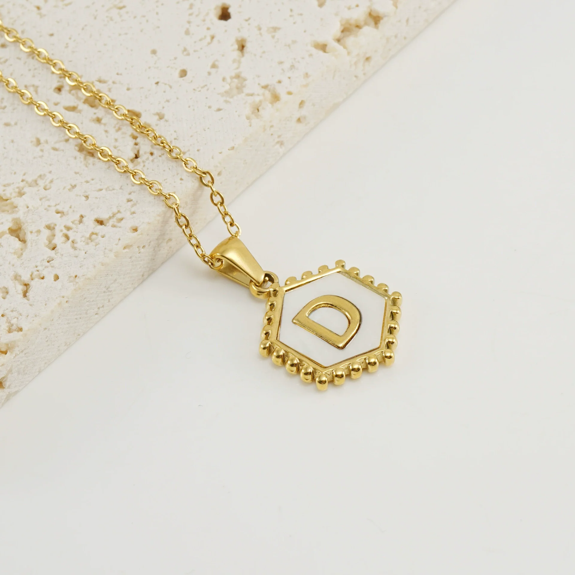 Necklace 316L Stainless Steel Hexagonal Natural Shell Letter Gold Inlaid Pendant For Women - Image 8