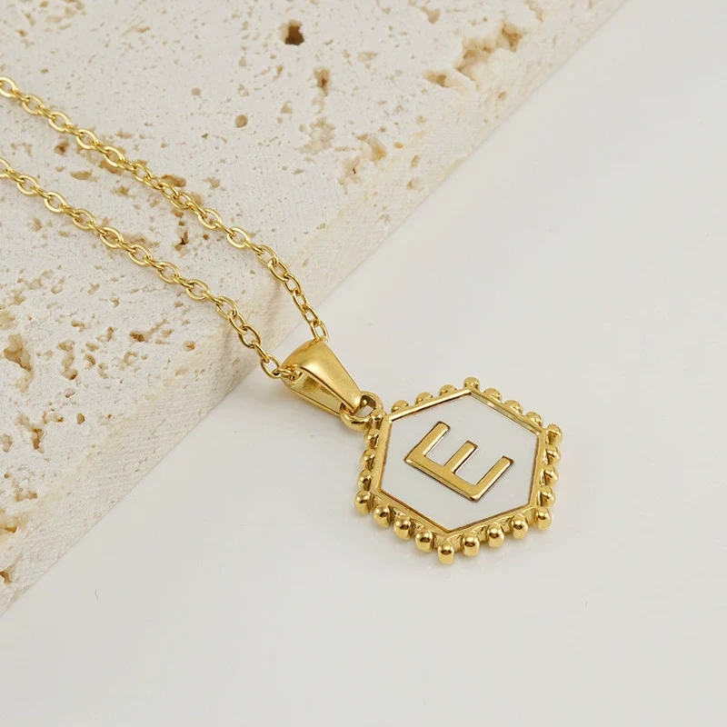 Necklace 316L Stainless Steel Hexagonal Natural Shell Letter Gold Inlaid Pendant For Women - Image 9