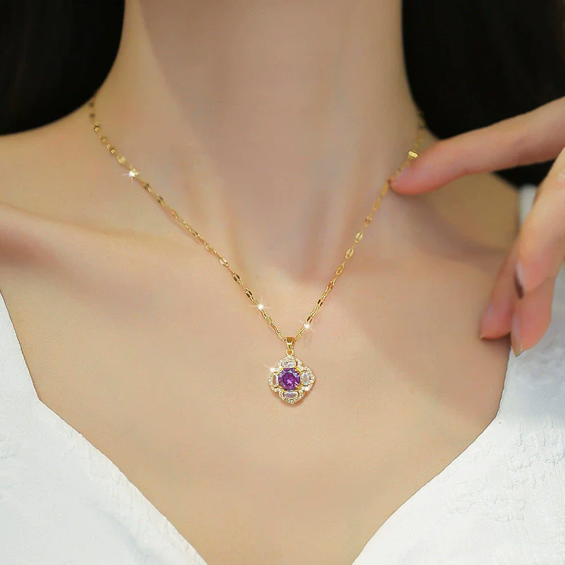 Necklace Titanium Steel Natural Plant Flowers Geometric Diamond Zircon Design - Image 2