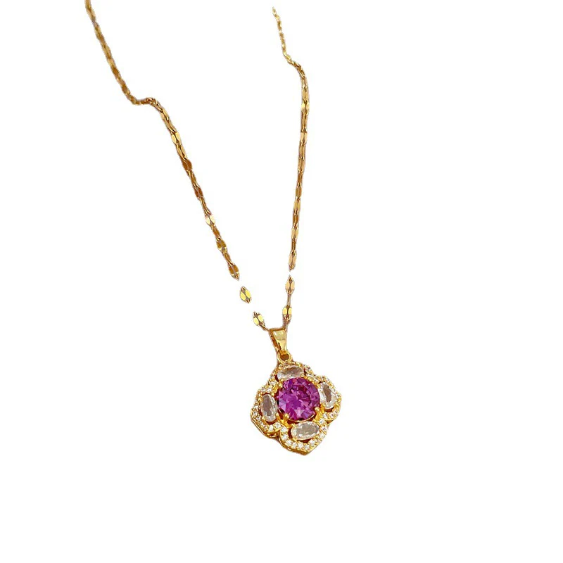 Necklace Titanium Steel Natural Plant Flowers Geometric Diamond Zircon Design - Image 5
