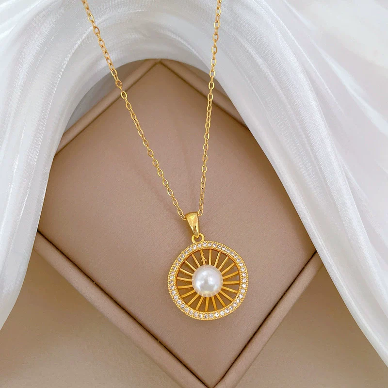 Necklace Titanium Steel Pearl Hollow Bird's Nest Geometric Style Copper Pendant - Image 3