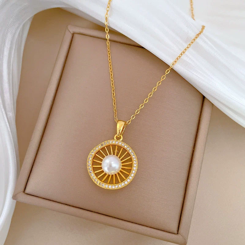 Necklace Titanium Steel Pearl Hollow Bird's Nest Geometric Style Copper Pendant - Image 4