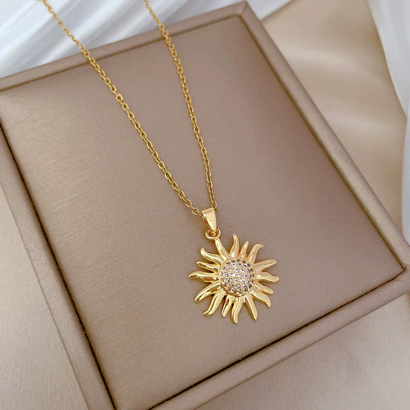 Necklace Titanium Steel Sunflower Geometric Copper Stainless Steel - Image 3