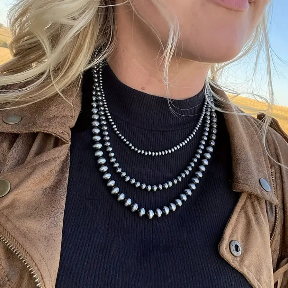 Necklace Western Denim Style Imitation Pearl Beaded Ccb Stainless Steel Geometric Handmade
