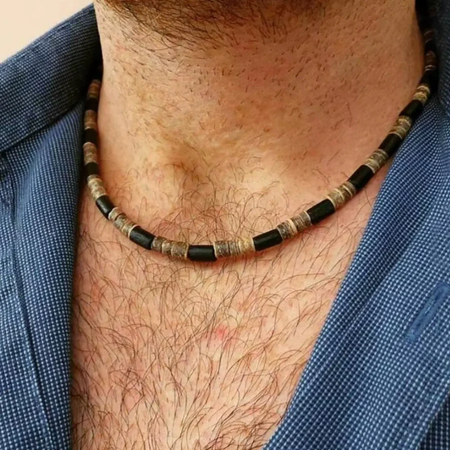 Necklace Wood Chip Coconut Shell Bohemian Geometric Handmade Stainless Steel