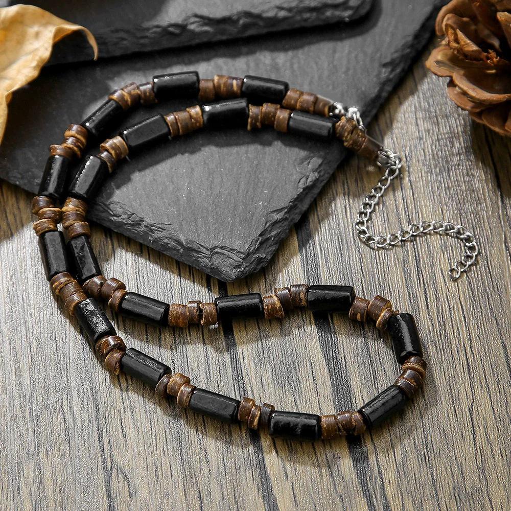 Necklace Wood Chip Coconut Shell Bohemian Geometric Handmade Stainless Steel - Image 4