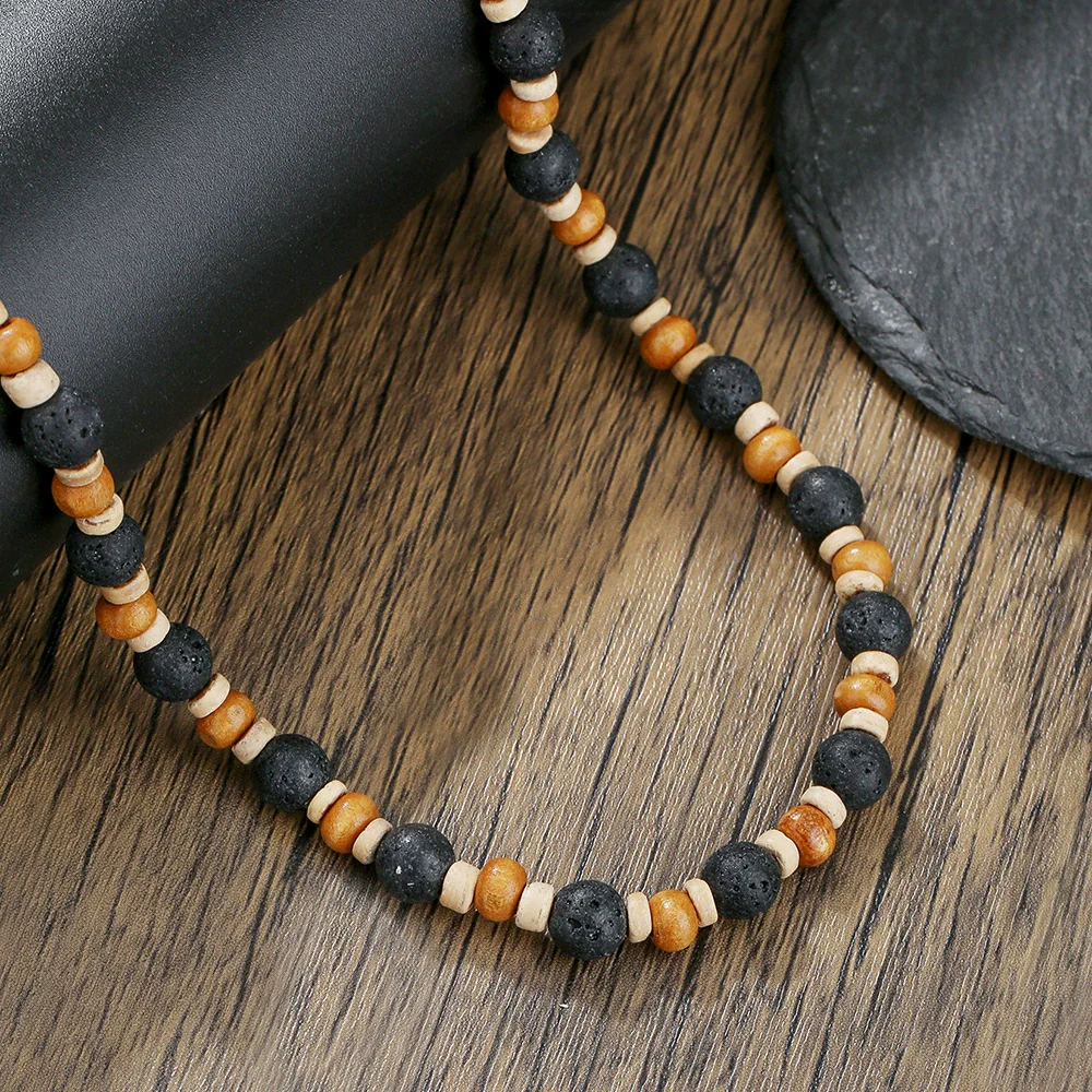 Necklace Wooden Chips Volcanic Stone Geometric Handmade Men's Personality Minimalist - Image 2