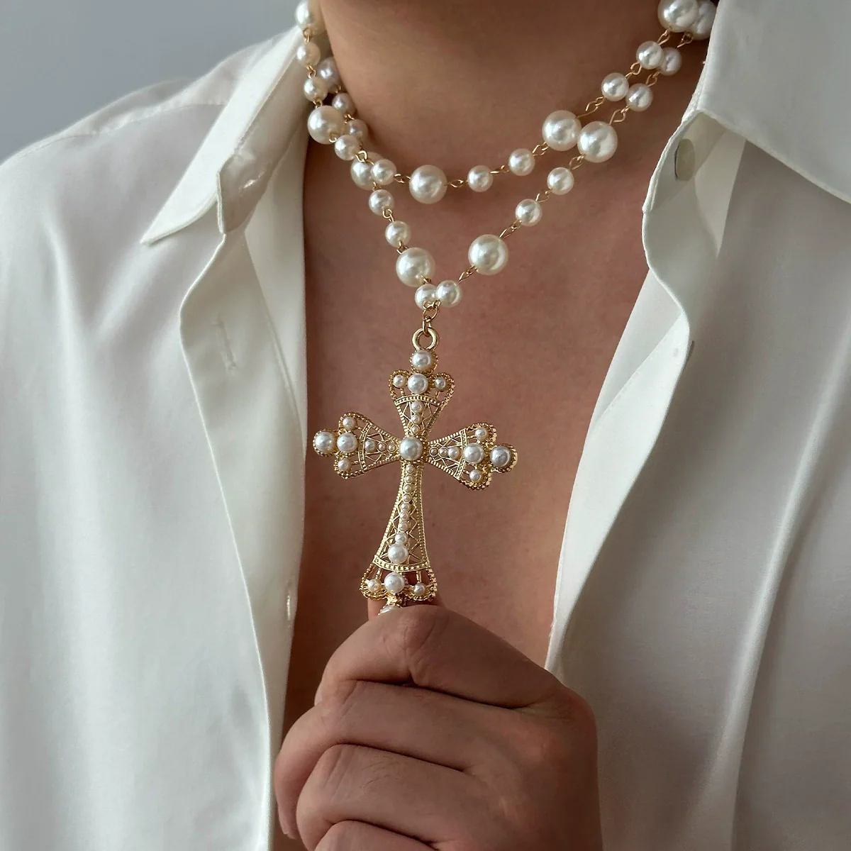 Necklace Zinc Alloy Geometric Diamond Microinlaid Imitation Pearl Multilayered Stacked Exaggerated Jewelry - Image 2