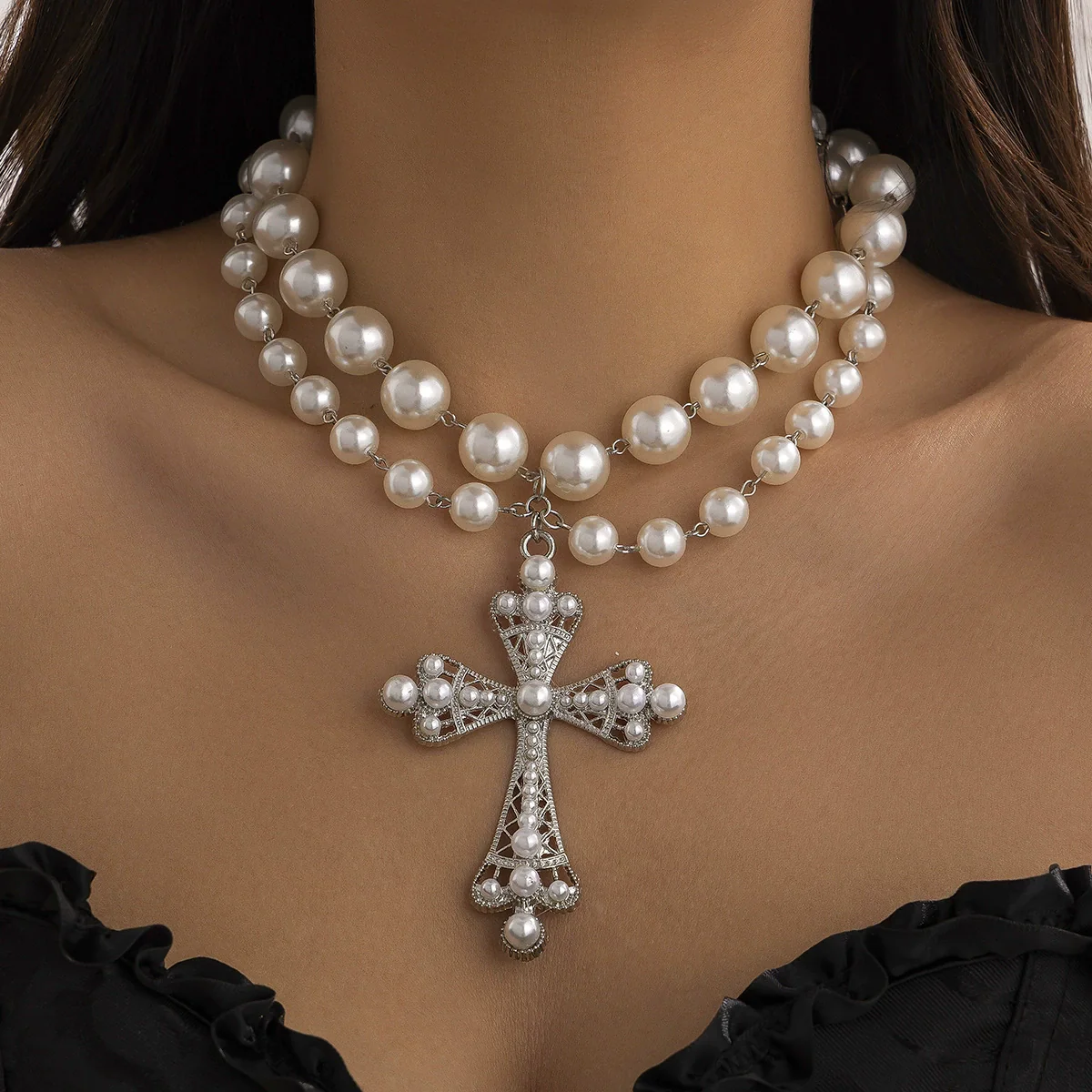 Necklace Zinc Alloy Geometric Diamond Microinlaid Imitation Pearl Multilayered Stacked Exaggerated Jewelry - Image 3