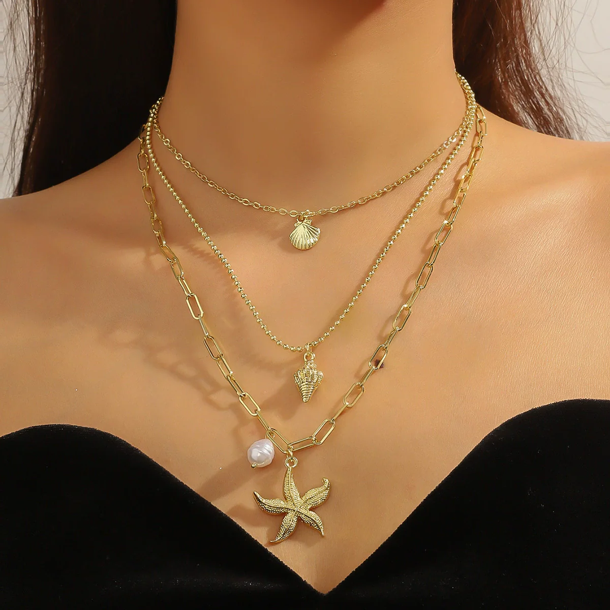 Necklace Zinc Alloy Geometric Shell Conch Sea Star Pendant Electroplating For Women