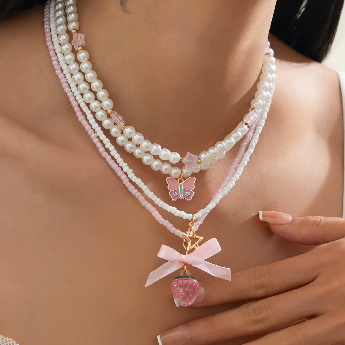 Necklace Zinc Alloy Sweet Style Handmade With Bow Strawberry Star Geometric Fruit Pendant