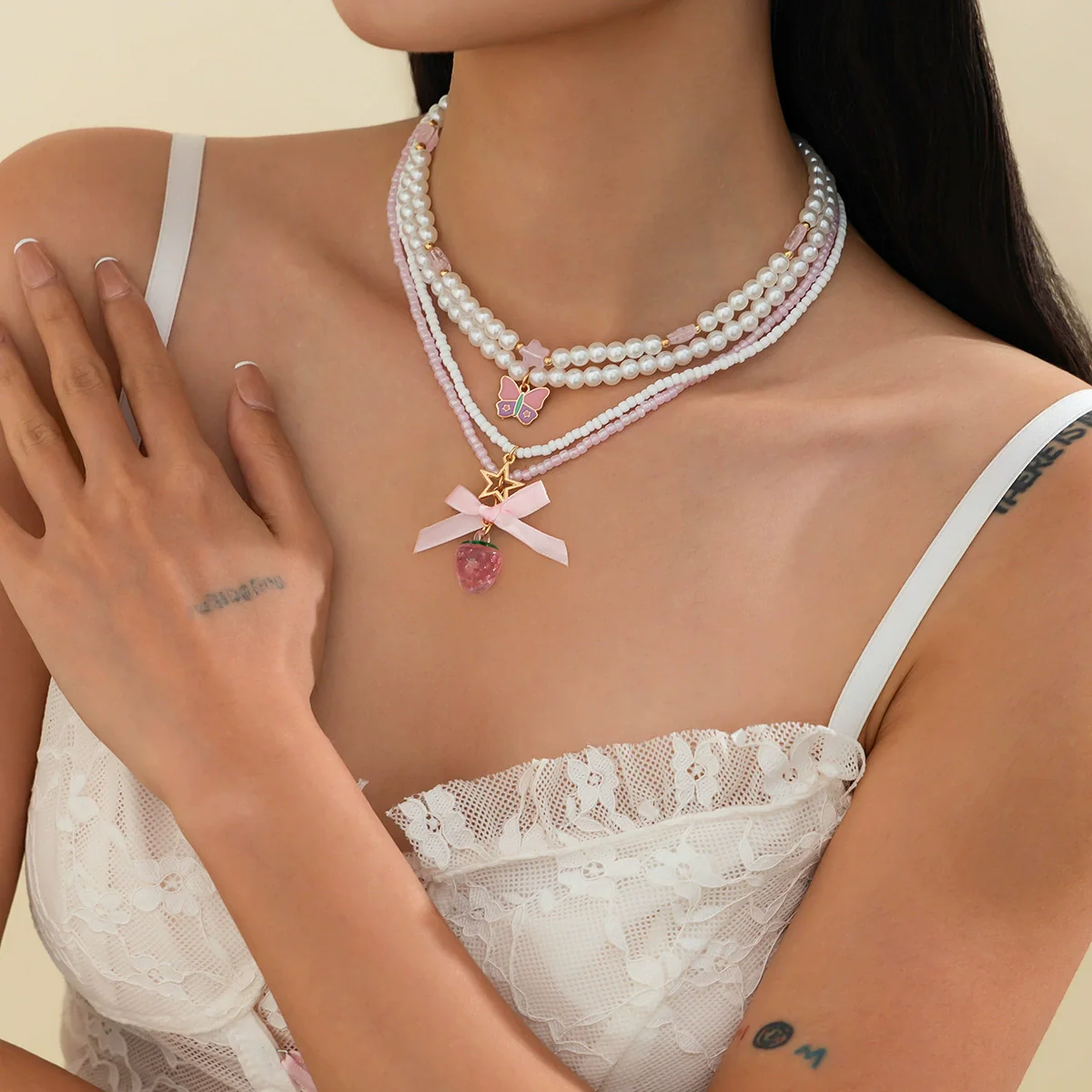 Necklace Zinc Alloy Sweet Style Handmade With Bow Strawberry Star Geometric Fruit Pendant - Image 6