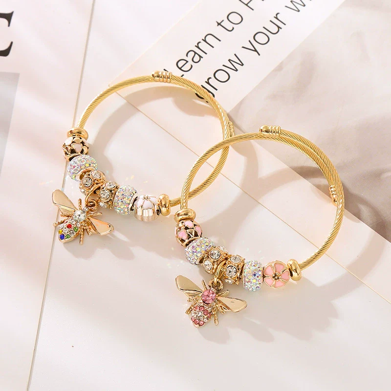 New Fashion Diy Unisex Adjustable Diamond Geometric Bees Pendant Alloy Stainless Steel Bracelet - Image 2