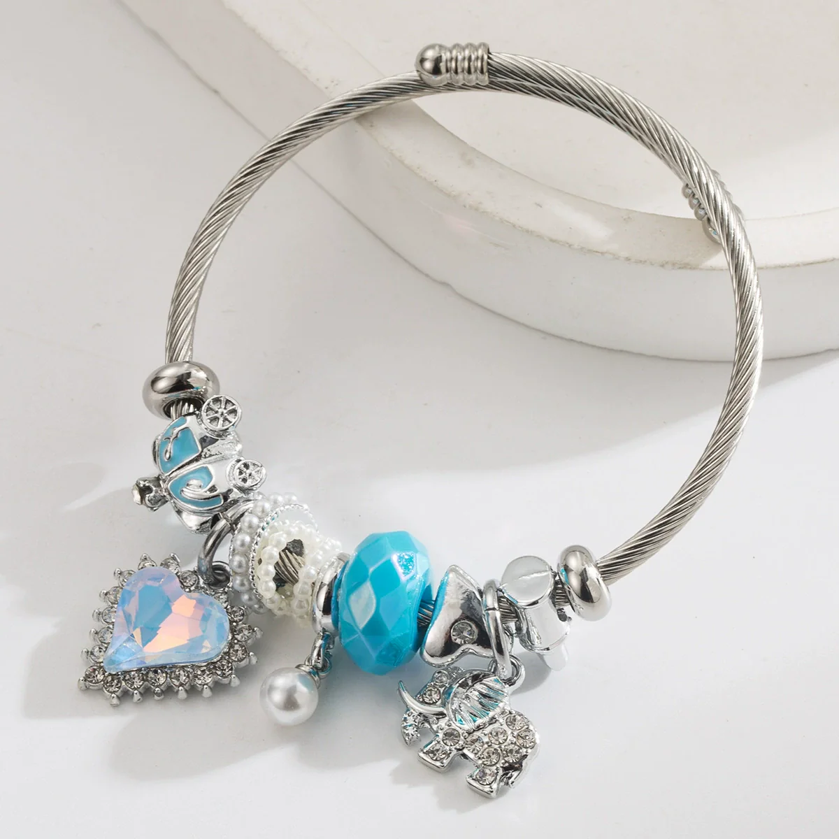 New Fashion Unisex Geometric Stainless Steel Alloy Bracelet Set With Diamonds Featuring Heart And Elephant Pearl Pendants - Image 3