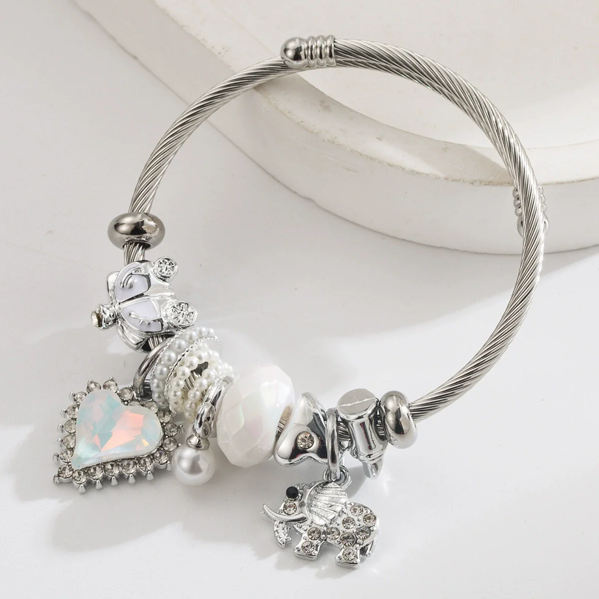 New Fashion Unisex Geometric Stainless Steel Alloy Bracelet Set With Diamonds Featuring Heart And Elephant Pearl Pendants - Image 4