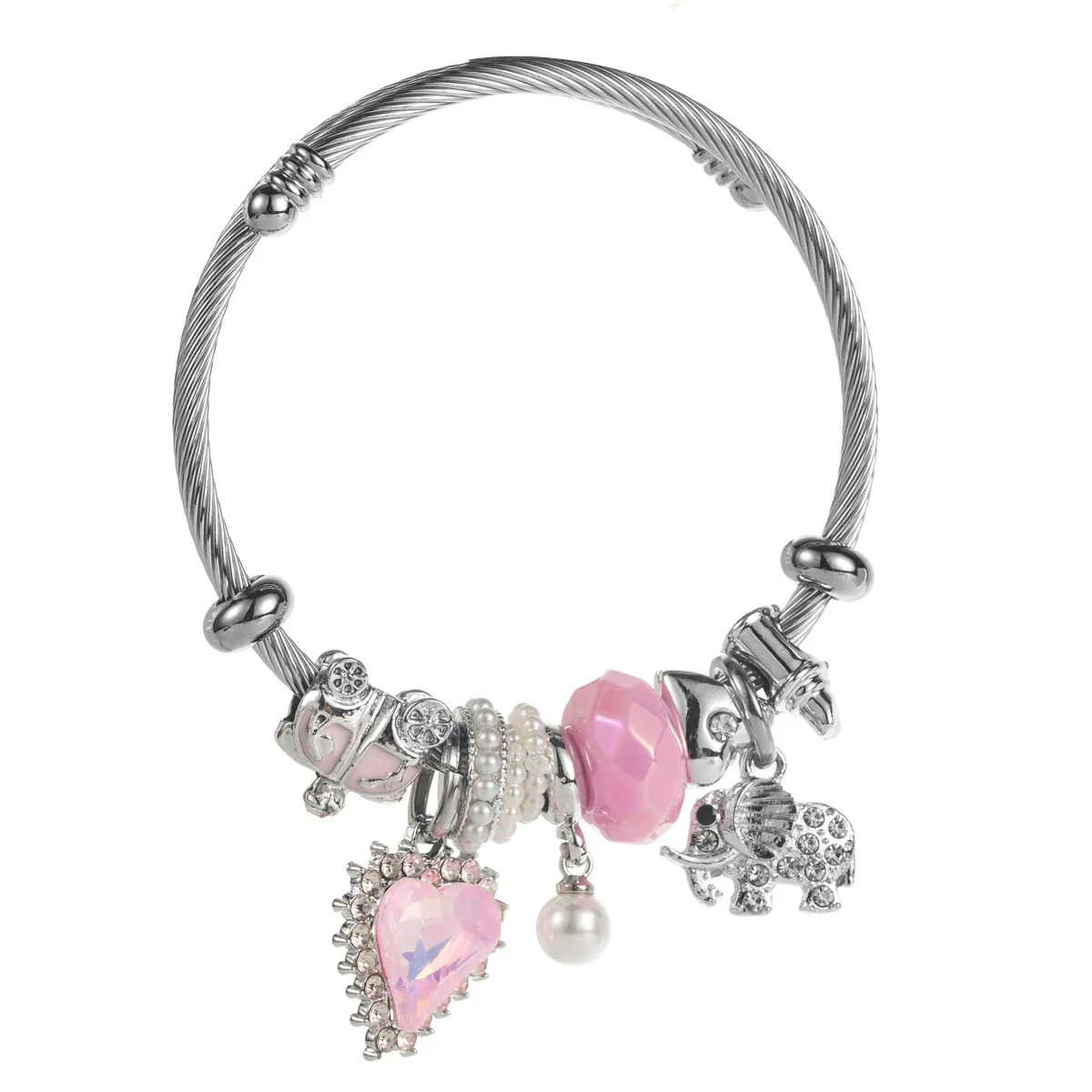 New Fashion Unisex Geometric Stainless Steel Alloy Bracelet Set With Diamonds Featuring Heart And Elephant Pearl Pendants - Image 5
