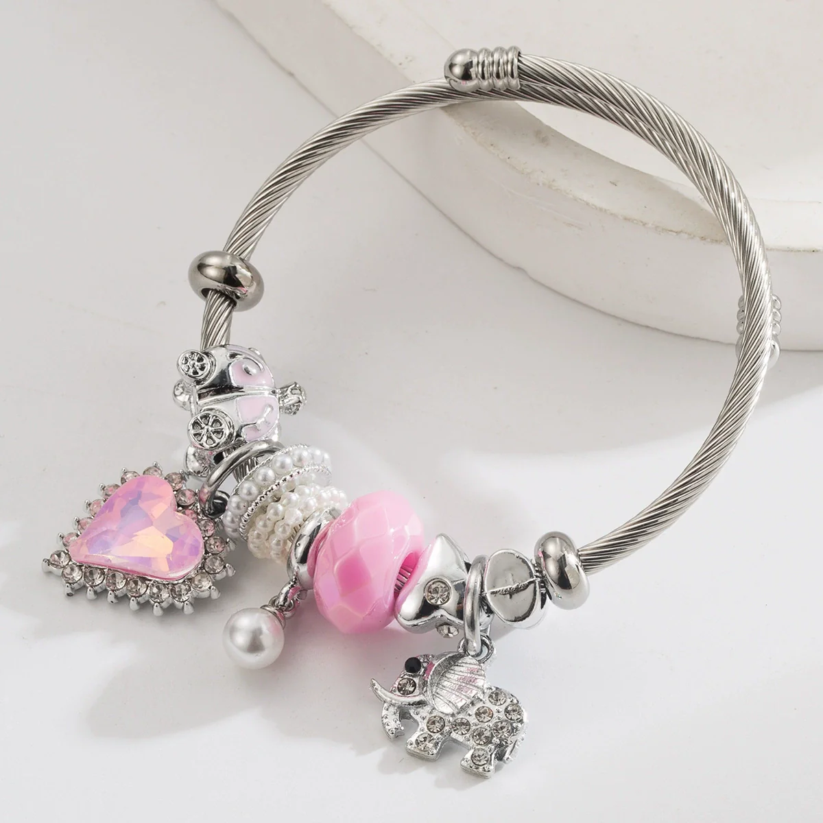 New Fashion Unisex Geometric Stainless Steel Alloy Bracelet Set With Diamonds Featuring Heart And Elephant Pearl Pendants - Image 6